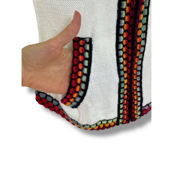 Alpaca White Multi-color Peruvian Wool Zip Cardigan Sweater Hooded Pockets Sz M - Picture 2 of 6